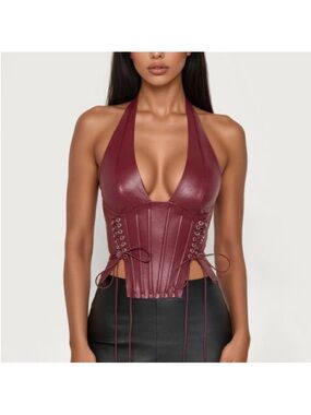 Fashion Nova Burgundy Faux Leather Halter Lace-Up Corset Top